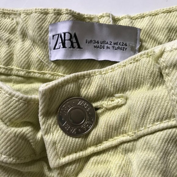 Zara High Rise Wide Leg Jeans Womens 2 Lime Green Raw Hem Denim Pants Boho - Picture 6 of 11